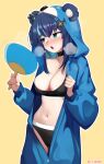  1girl absurdres animal_hood aqua_eyes bear_hood black_bra black_choker black_hair black_panties blue_hair blush bra breasts breath chenki_(chenki) choker fujikura_uruka hair_ornament hand_fan highres holding holding_fan hood multicolored_hair musical_note musical_note_hair_ornament navel onesie outline panties phase_connect solo stomach streaked_hair sweat twitter_username underwear unzipped virtual_youtuber white_outline yellow_background 