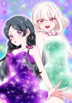  2girls bare_arms bare_legs bare_shoulders black_hair blonde_hair blunt_bangs blurry bob_cut bokeh braid breasts choker cleavage cleavage_cutout clothing_cutout curly_sidelocks depth_of_field dress eyelashes galaxy hair_ribbon hair_tie highres kimi_to_idol_precure long_hair looking_at_viewer low-braided_long_hair low-tied_long_hair mature_female medium_hair meroron_(human_form) multiple_girls open_mouth parted_bangs partially_undressed pota0606119 precure purirun_(human_form) purple_eyes purple_sky red_eyes ribbon ribbon_choker shiny_clothes sky star_(sky) tight_clothes tight_dress transformation transforming_clothes twin_braids upper_body very_long_hair zooming_in 