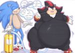  2019 absurd_res air_tank anthro belly big_belly blush dialogue english_text eulipotyphlan half-closed_eyes hedgehog hi_res hyper hyper_belly inflation male male/male mammal moobs open_mouth penetration prisonsuit-rabbitman shadow_the_hedgehog simple_background sonic_(series) sonic_the_hedgehog speech_bubble text thick_thighs traditional_media_(artwork) white_background 