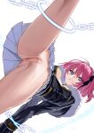  1girl absurdres annoyed blue_eyes bound breasts chain cleavage cleft_of_venus closers commission from_below fur_trim hair_between_eyes highres looking_down medium_breasts medium_hair nipple_slip nipples pink_hair pixiv_commission pleated_skirt pussy restrained seulbi_lee simple_background skirt spread_legs straydogshelter tied_up_(nonsexual) upskirt white_background white_skirt 