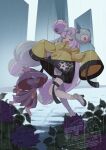  1girl blue_hair blush bow-shaped_hair breasts character_hair_ornament closed_eyes fake_hair_bun flower grey_pantyhose hair_ornament hexagon_print iono_(pokemon) jacket long_hair long_sleeves mismagius mizuiro123 multicolored_hair open_mouth oversized_clothes pantyhose pink_hair pokemon pokemon_(creature) pokemon_sv rain sharp_teeth shirt single_leg_pantyhose sleeves_past_fingers sleeves_past_wrists smile solo split-color_hair teeth two-tone_hair very_long_sleeves wet yellow_jacket 