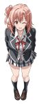  1girl ;d absurdres black_jacket black_socks blazer blush breasts brown_eyes brown_shoes cleavage collared_shirt commentary_request full_body grey_skirt hair_bun highres jacket large_breasts loafers long_hair long_sleeves looking_at_viewer neck_ribbon one_eye_closed open_clothes open_jacket open_mouth pink_hair plaid_clothes plaid_skirt pleated_skirt red_ribbon ribbon shirt shoes sidelocks single_hair_bun skirt smile socks solo standing teeth upper_teeth_only white_shirt yahari_ore_no_seishun_lovecome_wa_machigatteiru. yuigahama_yui zaofeng 