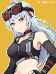  1girl bare_shoulders black_choker black_gloves choker cosplay crop_top fingerless_gloves gao_garuru gloves goggles goggles_on_head grace_howard grace_howard_(cosplay) highres long_hair looking_at_viewer midriff navel orange_eyes simple_background smile solo sports_bra stomach translation_request upper_body very_long_hair white_hair yellow_background yixuan_(zenless_zone_zero) zenless_zone_zero 