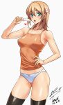 1girl absurdres aqua_eyes armpit_crease bare_arms black_thighhighs blonde_hair blush breasts camisole commentary_request food hair_between_eyes hand_on_own_hip highres holding holding_food holding_popsicle kamimura_chika looking_at_viewer medium_breasts melting_popsicle no_pants open_mouth orange_camisole panties perky_breasts popsicle signature simple_background sisters_~natsu_no_saigo_no_hi~ solo sweat thighhighs thighs two_side_up underwear white_background white_panties yoo_tenchi 
