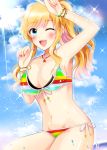  1girl bangs bare_shoulders bikini blonde_hair blue_eyes blush breasts cleavage cloud commentary_request earrings easyfunkycrazy eyebrows_visible_through_hair idolmaster idolmaster_cinderella_girls jewelry large_breasts long_hair looking_at_viewer multicolored_hair nail_polish navel necklace one_eye_closed ootsuki_yui open_mouth outdoors pink_hair pink_nails ponytail smile solo swimsuit thighs water wavy_hair 