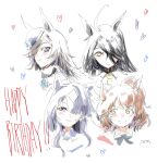  4girls animal_ears artist_name aston_machan_(umamusume) black_bow black_bowtie blue_eyes bow bowtie brown_hair closed_mouth collared_shirt flower hair_over_one_eye happy_birthday hat heart highres horse_ears horse_girl long_bangs long_hair looking_at_viewer manhattan_cafe_(umamusume) medium_hair multiple_girls necktie purple_flower purple_hat rice_shower_(umamusume) ringring_(artist) shirt signature simple_background smile umamusume verxina_(umamusume) white_background yellow_eyes yellow_necktie 