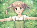  1girl :o artist_request blonde_hair blush casual dress flower game_cg grass green_dress green_eyes hair_bobbles hair_ornament ibarazaki_emi katawa_shoujo long_hair lying non-web_source official_alternate_costume on_back on_grass open_mouth outstretched_arms shirt short_sleeves solo spread_arms teeth twintails upper_body upper_teeth_only white_flower white_shirt yellow_flower 