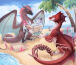 absurd_res ambiguous_gender aquatic_dragon arronax beach bemar black_claws black_horn black_tongue blep brown_body brown_fur claws dragon feral fur furred_dragon furred_scalie group hi_res horn mane marine mythological_creature mythological_scalie mythology pink_body pink_fur pink_mane purple_eyes red_body red_scales sand scales scalie shae_(kurorudi) tongue tongue_out trio white_body white_fur white_horn white_scales zimt_(leafstone)