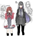  2girls black_hair black_jacket black_pantyhose blue_hair character_name clothing_cutout colored_inner_hair commentary_request dress grey_dress grey_shirt grey_skirt hair_between_eyes headphones headphones_around_neck highres jacket long_hair looking_at_viewer medium_hair multicolored_hair multiple_girls open_clothes open_jacket original pantyhose red_eyes red_hair red_jacket shirt shoulder_cutout simple_background skirt sparkle takeshima_eku white_background 