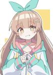  1girl black201_wav blush bow brown_hair crossed_fingers dress green_bow grin hair_bow hair_ornament hashtag-only_commentary head_tilt highres indie_virtual_youtuber jacket long_hair long_sleeves looking_at_viewer nanahira smile solo teeth two-tone_background upper_body white_background yellow_eyes 