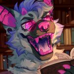 1:1 ambiguous_gender anthro blue_hair book canid canine cheek_tuft corzh77 ear_piercing eyelashes eyewear facial_piercing facial_tuft front_view fur gauged_ear glasses grey_body grey_fur hair hi_res holding_book holding_object horn industrial_piercing inside library looking_at_viewer mammal multiple_piercings neck_tuft nose_piercing nose_ring open_mouth patchwork_creature piercing pink_eyes pink_horn pink_inner_ear pink_nose pink_teeth ring_piercing round_glasses septum_piercing septum_ring short_hair short_horn small_horn solo teeth tuft
