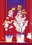  artist_name branch chromatic_aberration english_text fish flower flower_pot glass highres huhv. leaf no_humans original plant potted_plant vase white_flower yellow_flower 