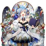  1girl ahoge antlers bell belt_ribbon blue_eyes blue_hair blue_ribbon breasts brown_gloves brown_pantyhose detached_sleeves dress fingerless_gloves gloves hair_bell hair_ornament horns large_breasts long_hair off-shoulder_dress off_shoulder open_mouth pantyhose poseidon_(uchihime) reindeer reindeer_antlers ribbon rowe side_ponytail stained_glass uchi_no_hime-sama_ga_ichiban_kawaii white_dress 