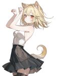  1girl animal_ears bare_arms bare_shoulders black_skirt black_thighhighs blonde_hair breasts cat_ears cat_tail character_request commission cowboy_shot facial_mark hands_up high-waist_skirt highres karyln looking_at_viewer original paw_pose pleated_skirt red_eyes ribbed_shirt shirt shirt_tucked_in short_hair simple_background skirt sleeveless sleeveless_shirt sleeveless_turtleneck small_breasts solo tail thighhighs turtleneck white_background white_shirt zettai_ryouiki 