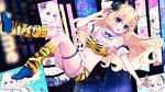  1girl animal_print arm_up bare_shoulders blonde_hair blue_shoes breasts commentary_request fur-trimmed_shorts fur_trim hair_ornament highres hololive horns knees_together_feet_apart leg_up lightning_bolt_hair_ornament lightning_bolt_symbol long_hair looking_at_viewer loose_socks medium_breasts navel official_art open_mouth print_shorts print_socks purple_eyes rino_cnc sheep_horns shoes short_shorts shorts socks tiger_print tsunomaki_watame very_long_hair virtual_youtuber yellow_shorts yellow_socks 