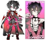  1boy ankle_boots aroused artist_name bat_wings belt black_boots black_choker black_coat black_gloves black_hair black_horns black_nails boots brooch capelet chibi choker coat collage collared_shirt commission criss-cross_straps cross cum cum_on_body cum_on_male cum_on_pectorals cumdrip cup demon demon_boy demon_horns demon_tail ear_piercing english_text flower full_body gloves grey_shorts hair_between_eyes heart heart_tail holding holding_cup horns jewelry kamika lace-up lace-up_legwear long_coat looking_at_viewer male_focus messy_hair multiple_views naughty_face necklace open_clothes open_coat open_shirt original pale_skin parted_bangs pectorals piercing pink_background pink_shirt pointy_ears portrait red_eyes red_lining reference_sheet rose sample_watermark seductive_smile shirt short_hair short_shorts shorts signature simple_background sleeveless sleeveless_shirt smile smirk socks_over_fishnets tail thigh_strap upper_body watermark white_background wings 