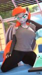 3d_(artwork) 9:16 anthro anthroponiessfm armwear bat_pony blue_eyes clothing colored_nails digital_media_(artwork) elbow_gloves equid eyewear fan_character feet female fingerless_gloves glasses gloves grem_(oc) grey_body hair handwear hasbro hi_res humanoid_feet kneeling looking_at_viewer mammal membrane_(anatomy) membranous_wings my_little_pony nails orange_hair orange_nails orange_tail plantigrade pupils shirt slit_pupils solo tail tank_top topwear wings