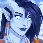  1:1 blizzard_entertainment blue_body blue_hair blue_horn blue_sclera blue_skin bust_portrait cloud corzh77 draenei female hair hi_res horn humanoid humanoid_pointy_ears long_hair looking_at_viewer mouth_closed no_pupils pointy_ears portrait solo warcraft white_eyes 