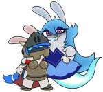 2022 anthro arm_around_shoulders arm_around_waist armor bangs blue_clothing blue_dress blue_eyelids blue_eyes blue_hair blue_inner_ear blue_mouth breastplate brown_armor brown_helmet cape clothed clothed_anthro clothed_female clothing colored crossover digital_drawing_(artwork) digital_media_(artwork) dress duo english_description eyelashes fangs female female_anthro fur gauntlets ghost gloves hair hand_on_hip hand_on_own_hip handwear headgear hectorcollector helmet hi_res hybrid lagomorph legless light lighting long_ears long_hair mammal mario_bros mario_plus_rabbids_kingdom_battle mario_plus_rabbids_sparks_of_hope midnite_(mario_plus_rabbids) mitten_hands nintendo noseless open_mouth open_smile pauldron purple_eyes rabbid raving_rabbids rayman_(series) red_cape red_clothing sabatons shadow_face simple_background smile smiling_at_viewer spirit standing tan_body tan_inner_ear tan_skin teeth translucent translucent_body ubisoft valkyrie_(mario_plus_rabbids) white_background white_body white_fur white_hair_tie