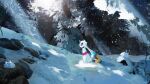  absurdres colored_sclera doorwood from_side froslass highres no_humans outdoors pine_tree pokemon pokemon_(creature) scenery snom snorunt snow snowing sunlight tree wide_shot winter yellow_sclera 