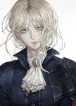  1girl absurdres artelsia ascot blonde_hair blue_eyes blue_jacket brooch closed_mouth duchess_(elden_ring) elden_ring elden_ring_nightreign facing_viewer gem highres jacket jewelry looking_at_viewer messy_hair parted_bangs signature solo upper_body white_ascot white_background 