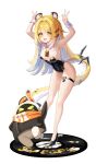  &gt;_&lt; 1girl absurdres alternate_costume animal_ears armpits arms_up bangboo_(zenless_zone_zero) belt black_leotard blonde_hair breasts double_v eous_(zenless_zone_zero) green_eyes high_heels highres ju_fufu leegh19769 leotard long_hair open_mouth simple_background small_breasts smile striped_fur striped_hair tail thigh_belt thigh_strap tiger_ears tiger_girl tiger_stripes tiger_tail v very_long_hair white_background zenless_zone_zero 