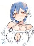  1girl bare_shoulders bikini blue_hair blush breasts cleavage cleavage_cutout clothing_cutout commentary_request crop_top cropped_shirt dated gengoroh highres jewelry large_breasts love_live! love_live!_days:_love_live!_general_magazine love_live!_superstar!! necklace off-shoulder_shirt off_shoulder official_alternate_costume open_mouth orange_eyes shirt short_hair simple_background solo star_(symbol) star_necklace swimsuit upper_body wakana_shiki white_background white_shirt 