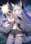  1girl absurdres animal_ears armpit_crease bare_shoulders between_breasts black_gloves black_panties black_skirt black_veil blue_eyes breasts center_frills commentary_request commission cowboy_shot diffraction_spikes fang fingerless_gloves fox_ears fox_tail frilled_thigh_strap frills gloves gold_trim hands_up highleg highleg_panties highres korean_commentary large_breasts long_hair looking_ahead meteor_shower microskirt navel open_mouth original panties pleated_skirt second-party_source shant_07 shirt skindentation skirt sleeveless sleeveless_shirt solo standing stomach string_panties tail thigh_strap thighhighs underwear veil very_long_hair white_hair white_shirt white_thighhighs 
