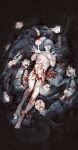  1girl 2girls 6+boys baby black_suit blood blood_on_body blood_on_face bulging_eyes death guro highres huli_xiaobai jujutsu_kaisen long_hair looking_at_viewer lying mahito_(jujutsu_kaisen) multiple_boys multiple_girls nude on_back pile_of_corpses suit umbilical_cord 