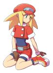  1girl artist_request belt bike_shorts bike_shorts_under_shorts blonde_hair blush brown_gloves cabbie_hat closed_mouth gloves green_eyes hat jacket long_hair rockman rockman_dash roll_caskett short_sleeves shorts simple_background solo white_background 