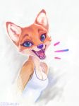  anthro blue_eyes breasts canid canine clothed clothing coonkun fangs female fox fur looking_at_viewer mammal open_mouth orange_fur sharp_teeth smile solo teeth tongue 