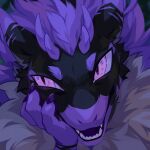  1:1 ambiguous_gender anthro black_body black_ears black_fur corzh77 dragon fangs front_view fur furred_dragon furred_scalie grey_body grey_fur hi_res horn looking_at_viewer mythological_creature mythological_scalie mythology open_mouth pink_eyes purple_body purple_ears purple_fur purple_horn purple_tongue scalie solo teeth tongue 