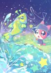  1other alien animal_ears cat_ears cat_tail chibi chibi_only chibikemo colorful commentary cool_colored english_commentary fish fishing furry grass hat highres hue_shifting neogeopet open_mouth outdoors pleading_eyes solo star_(symbol) tail water webfishing 