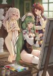  3girls absurdres azur_lane black_leotard breasts brown_hair bust_(sculpture) canvas_(object) cleavage commentary_request commission covering_privates day easel green_hair grey_hair hair_between_eyes hat highres holding holding_paint_palette holding_paintbrush holding_towel indoors isome leotard long_hair long_sleeves low_twintails multiple_girls nude_cover open_mouth paint_palette paintbrush painting_(action) pixiv_commission purple_eyes raffaello_(azur_lane) red_eyes shrug_(clothing) sitting smile symbol-shaped_pupils thighhighs towel twintails white_hat white_shrug white_thighhighs window wooden_stool x-shaped_pupils yellow_eyes z1_leberecht_maass_(azur_lane) z2_georg_thiele_(azur_lane) 