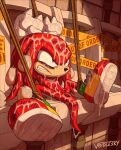 anthro anus balls bodily_fluids body_writing bound condom cum cum_everywhere echidna filled_condom gaping gaping_anus genital_fluids genitals hi_res knuckles_the_echidna male mammal messy monotreme penis rope sega sexual_barrier_device sonic_the_hedgehog_(series) tally_marks urinal voidlesky