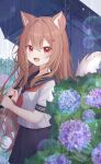 1girl animal_ears black_sailor_collar black_skirt blue_umbrella commentary_request fangs fox_ears fox_girl fox_tail hair_ornament hairclip highres holding holding_umbrella long_hair looking_at_viewer miniskirt neckerchief open_mouth original pleated_skirt rade_(rade_552) rain red_eyes red_neckerchief sailor_collar short_sleeves skirt solo tail umbrella white_sailor_collar 