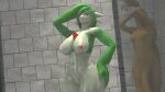 16:9 3_fingers 3d_(artwork) bathing big_breasts bob_cut breasts curvy_figure digital_media_(artwork) ear_piercing female fingers gardevoir generation_3_pokemon genitals green_body green_skin hi_res humanoid looking_at_viewer multicolored_body multicolored_skin navel navel_piercing nintendo nipple_piercing nipples piercing pokemon pokemon_(species) red_eyes sculpture shower showering smile smiling_at_viewer solo source_filmmaker_(artwork) statue thevestige thick_thighs vulva warfare_gardevoir water wet white_body white_skin wide_hips widescreen