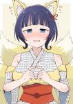  1girl animal_ear_fluff animal_ears asaka_karin blue_eyes blunt_bangs blush breasts commentary detached_sleeves fox_ears fox_girl fox_tail grey_kimono grey_sleeves index_fingers_together japanese_clothes kemonomimi_mode kimono kitsune kyuubi large_breasts looking_at_viewer love_live! love_live!_nijigasaki_high_school_idol_club multiple_tails nakazumi_kohada nijigaku_hyakkiyakou nose_blush obi obiage obijime official_alternate_costume open_mouth orange_sash purple_hair sash sidelocks sleeveless sleeveless_kimono solo sweat tail tearing_up trembling upper_body 