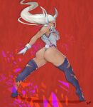  1girl absurdres animal_ears artist_name ass bare_shoulders boku_no_hero_academia breasts commentary cuts dark-skinned_female dark_skin english_commentary floating_hair from_behind fur_collar gloves hand_up highleg highleg_leotard highres injury juggler_(sun_juggler) large_breasts leotard long_eyelashes long_hair looking_at_viewer mirko parted_bangs purple_thighhighs rabbit_ears rabbit_girl rabbit_tail red_background red_eyes scratches sleeveless_turtleneck_leotard solo tail tail_through_clothes taut_leotard thick_thighs thighhighs thighs tiptoes toned toned_female torn_clothes torn_leotard torn_thighhighs very_long_hair white_gloves white_hair white_leotard 