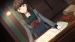  1girl aged_down blazer blueprint_(object) blunt_bangs bow breasts brown_eyes brown_hair buttons chest_bow chuo_tanegashima_high_school_uniform chuo_tanegashima_high_winter_school_uniform closed_mouth collarbone confident dutch_angle fingernails fukuda_tomonori game_cg green_sailor_collar grey_jacket grey_shirt hands_on_table highres indoors jacket looking_at_viewer mecha medium_breasts official_art ponytail pov red_bow robot robotics;notes sailor_collar school_uniform senomiya_misaki shiny_eyes shirt smile solo toolbox window 