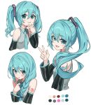  1girl :3 aqua_eyes aqua_hair aqua_necktie arm_tattoo bib_(bibboss39) black_sleeves blush braid breasts closed_mouth collared_shirt color_guide commentary detached_sleeves english_commentary floating_hair grey_shirt hair_between_eyes hatsune_miku high_ponytail long_hair long_sleeves looking_at_viewer multiple_expressions multiple_views necktie number_tattoo open_mouth ponytail shirt single_braid sleeveless sleeveless_shirt small_breasts smile solo_focus tattoo twintails v very_long_hair vocaloid wing_collar 