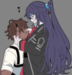  1boy 1girl aqua_eyes blue_hair brown_hair cheek_pull closed_mouth collared_shirt dark-skinned_male dark_skin grey_background half_updo hands_up heathcliff_(project_moon) highres hong_lu_(project_moon) kekeken limbus_company long_hair long_sleeves necktie project_moon red_necktie scar scar_on_arm scar_on_face shirt simple_background smile very_long_hair white_shirt 