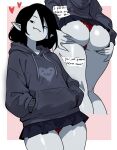  1girl adventure_time ass bighugelarge black_hair colored_skin fangs grey_skin hair_between_eyes heart highres hood hoodie marceline_abadeer medium_hair panties pleated_skirt pointy_ears red_panties simple_background skirt spread_ass underwear 
