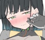  1girl averting_eyes blush bodysuit breasts closed_mouth commentary_request cosplay covered_collarbone embarrassed green_eyes grey_bodysuit hand_up highres large_breasts link!_like!_love_live! liz_(piyoko_piyop) love_live! momose_ginko nose_blush official_alternate_costume portrait simple_background solo unfinished v-shaped_eyebrows virtual_youtuber white_background 