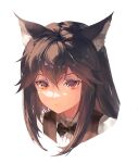  1girl absurdres animal_ear_fluff animal_ears arknights black_bow black_bowtie black_hair black_vest bow bowtie commentary cropped_shoulders expressionless hair_between_eyes highres long_hair long_sidelocks looking_ahead red_eyes shirt sidelocks solo texas_(arknights) vest waistcoat white_shirt wolf_ears yonjuri 