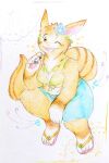 abstract_background accessory ambiguous_species anthro berry bikini bikini_top bottomwear breasts brown_body brown_eyes brown_fur cleavage clothed clothing female flip_flops flower flower_in_hair food footwear fruit fur hair hair_accessory hi_res holding_berry holding_food holding_fruit holding_object looking_at_viewer markings plant sakanaribbon sandals shoes shorts simple_background solo striped_markings striped_tail stripes swimwear tail tail_markings traditional_media_(artwork) two-piece_swimsuit white_background