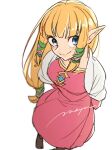  1girl arms_behind_back blonde_hair blue_eyes blunt_bangs boots brown_boots closed_mouth commentary_request dress long_hair long_sleeves looking_at_viewer low-tied_long_hair maya_(mayamayammy) pink_dress pointy_ears princess_zelda shawl sidelocks signature simple_background smile solo the_legend_of_zelda the_legend_of_zelda:_skyward_sword white_background white_shawl 