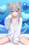  1girl :3 absurdres animal_ears barefoot blue_eyes cat_ears cat_girl cat_tail closed_mouth commentary_request grey_hair hair_ornament hal_(haldayo913) highres indie_virtual_youtuber long_hair long_sleeves looking_at_viewer nachoneko shirt smile solo tail thighs virtual_youtuber white_shirt 