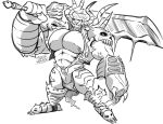  2018 armor big_pecs claws digimon digimon_(species) holding_object holding_weapon horn huge_sword megawaffle_(artist) melee_weapon monochrome muscular pecs skull solo standing sword teeth titamon weapon 