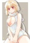  1girl ahoge arcueid_brunestud blonde_hair blush breasts cleavage cleavage_cutout clothing_cutout covering_privates embarrassed highres huge_breasts large_breasts meme_attire pout pulling_own_clothes red_eyes shimotsukishin short_hair spread_legs sweater thighs tsukihime tsukihime_(remake) turtleneck turtleneck_sweater virgin_killer_sweater 